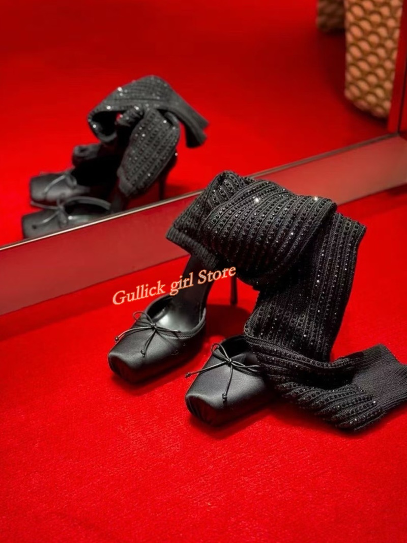 Red Knit Square Toe Boots Cut  - đánh giá và giá Knee High Sock Women